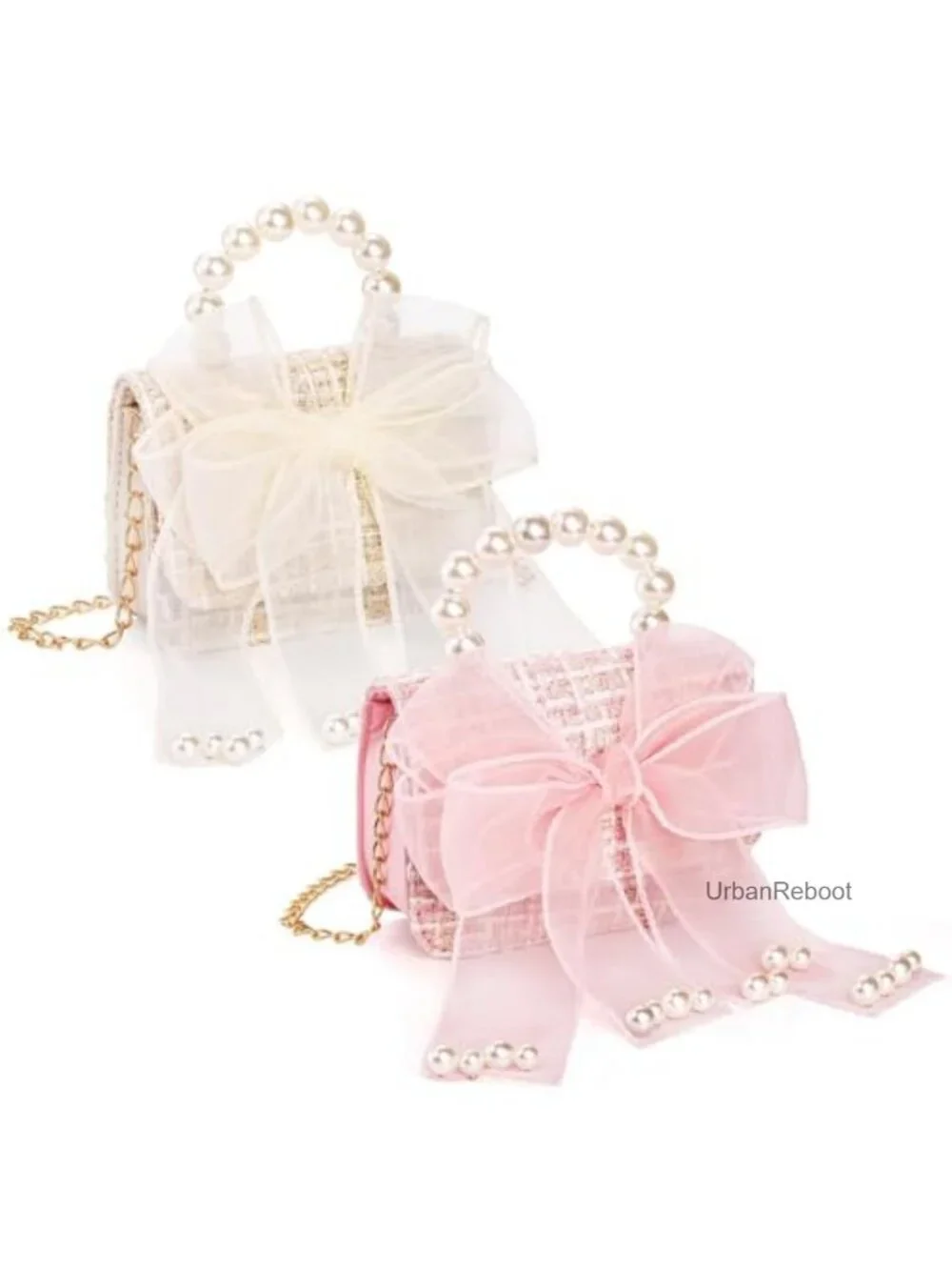 2 Pack Girls Mini Crossbody Purses with Bowknot and Pearl Handle Detachable